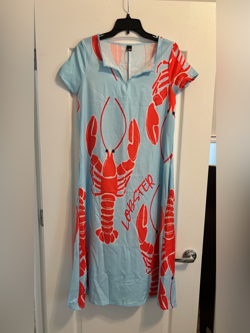 Light Blue Dress with Bold Red Lobster Print, Medium